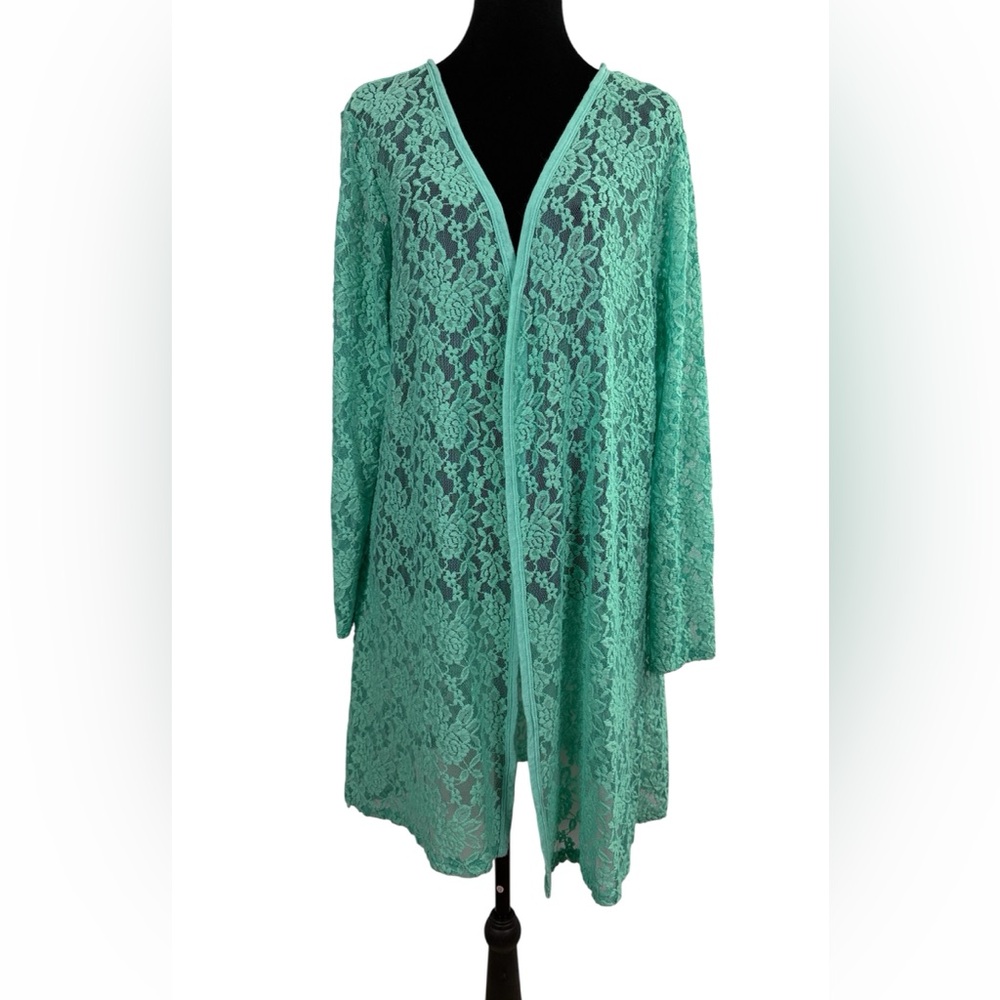 NEBLINA Sea foam Green Lace Open Front Duster USA Size L Boho Chic